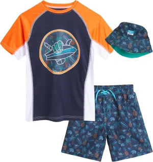 Boys' Rash Guard Swimwear Set - 3 Piece UPF 50  Long Sleeve Rash Guard Shirt, Bathing Suit, Reversible Bucket Hat (5-14)