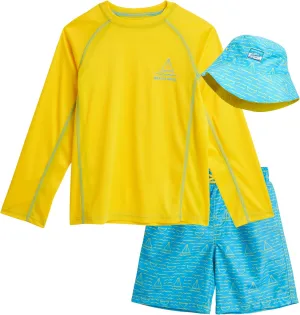 Boys' Rash Guard Swimwear Set - 3 Piece UPF 50  Long Sleeve Rash Guard Shirt, Bathing Suit, Reversible Bucket Hat (5-14)