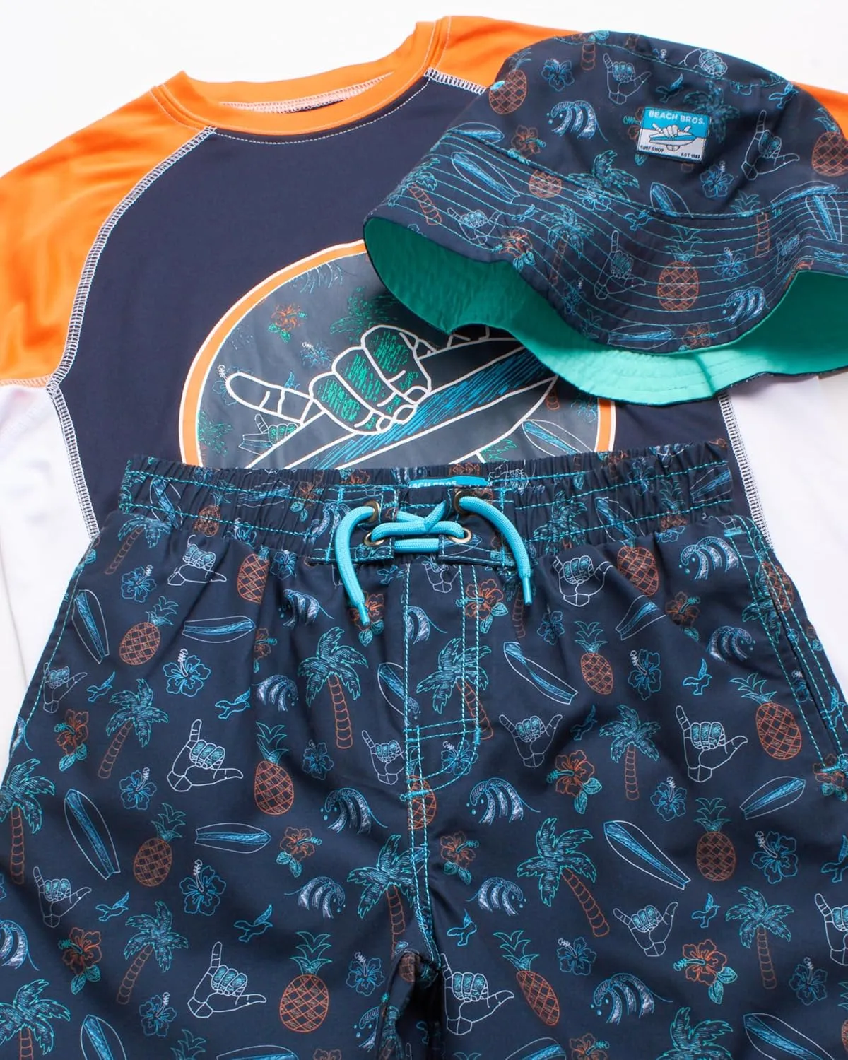 Boys' Rash Guard Swimwear Set - 3 Piece UPF 50  Long Sleeve Rash Guard Shirt, Bathing Suit, Reversible Bucket Hat (5-14)