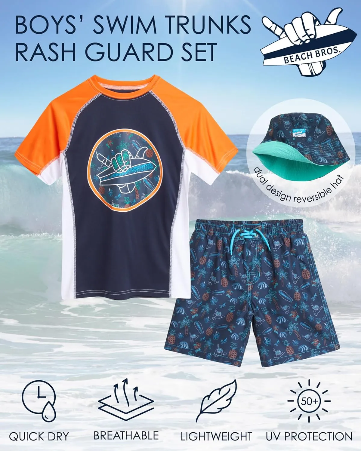 Boys' Rash Guard Swimwear Set - 3 Piece UPF 50  Long Sleeve Rash Guard Shirt, Bathing Suit, Reversible Bucket Hat (5-14)