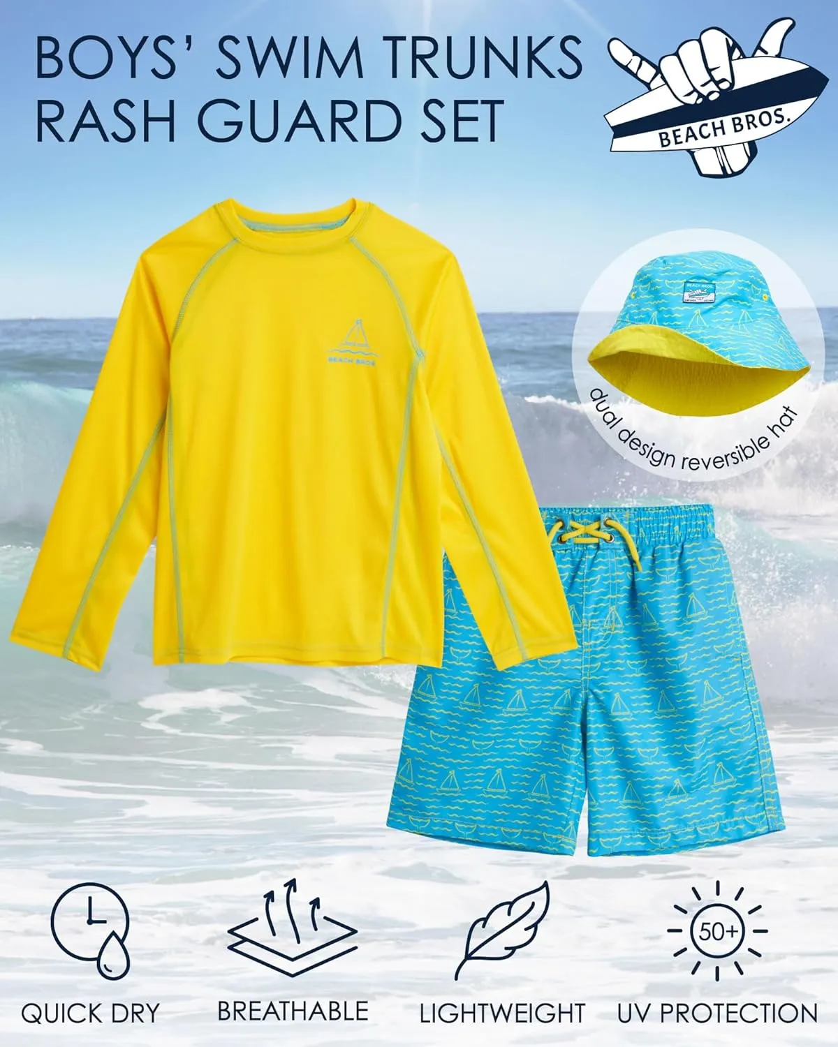 Boys' Rash Guard Swimwear Set - 3 Piece UPF 50  Long Sleeve Rash Guard Shirt, Bathing Suit, Reversible Bucket Hat (5-14)