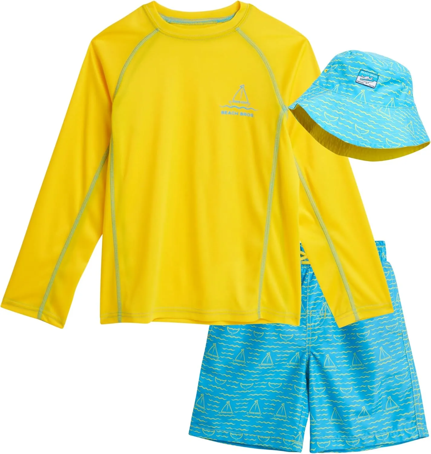 Boys' Rash Guard Swimwear Set - 3 Piece UPF 50  Long Sleeve Rash Guard Shirt, Bathing Suit, Reversible Bucket Hat (5-14)