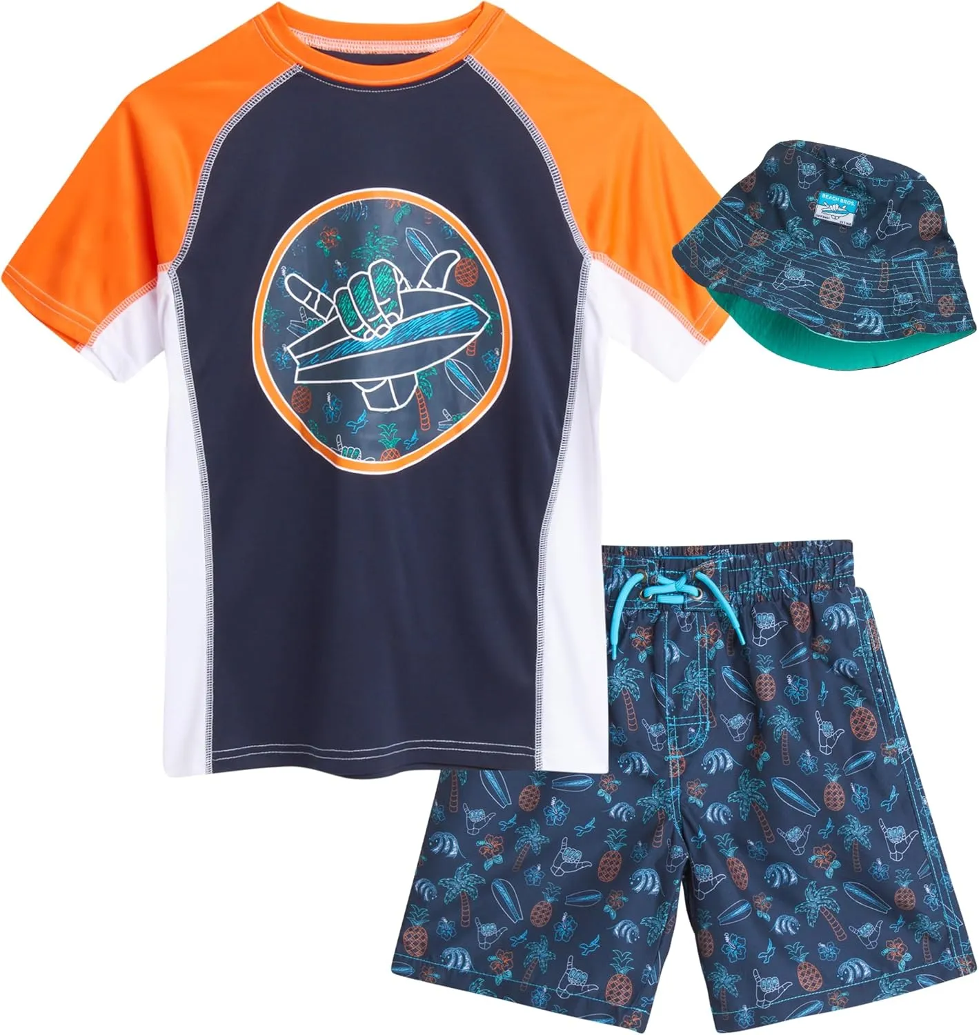 Boys' Rash Guard Swimwear Set - 3 Piece UPF 50  Long Sleeve Rash Guard Shirt, Bathing Suit, Reversible Bucket Hat (5-14)