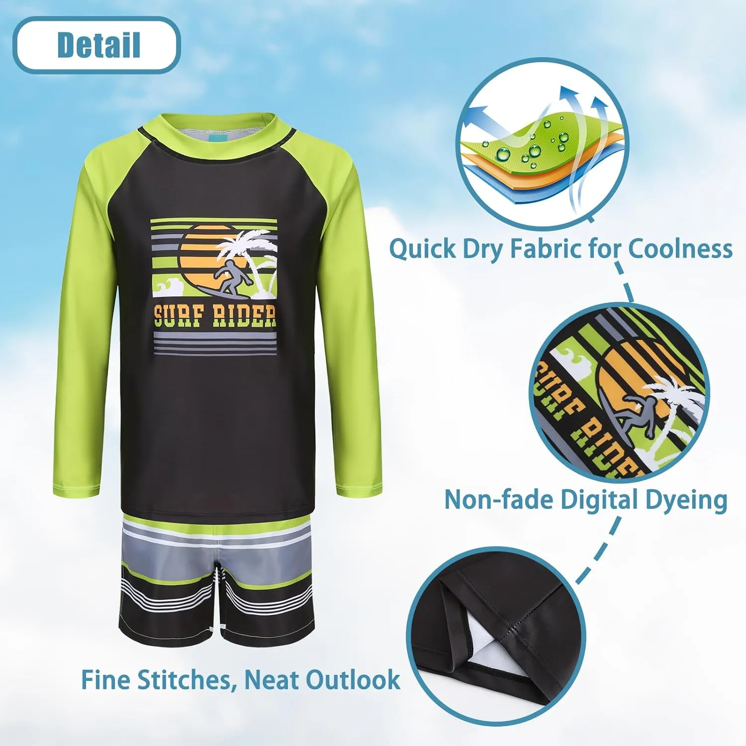 Boys Two Piece Rash guard Swimsuits Set with Swim Trunk Kids Long Sleeve Bathing Suit Swimwear Set
