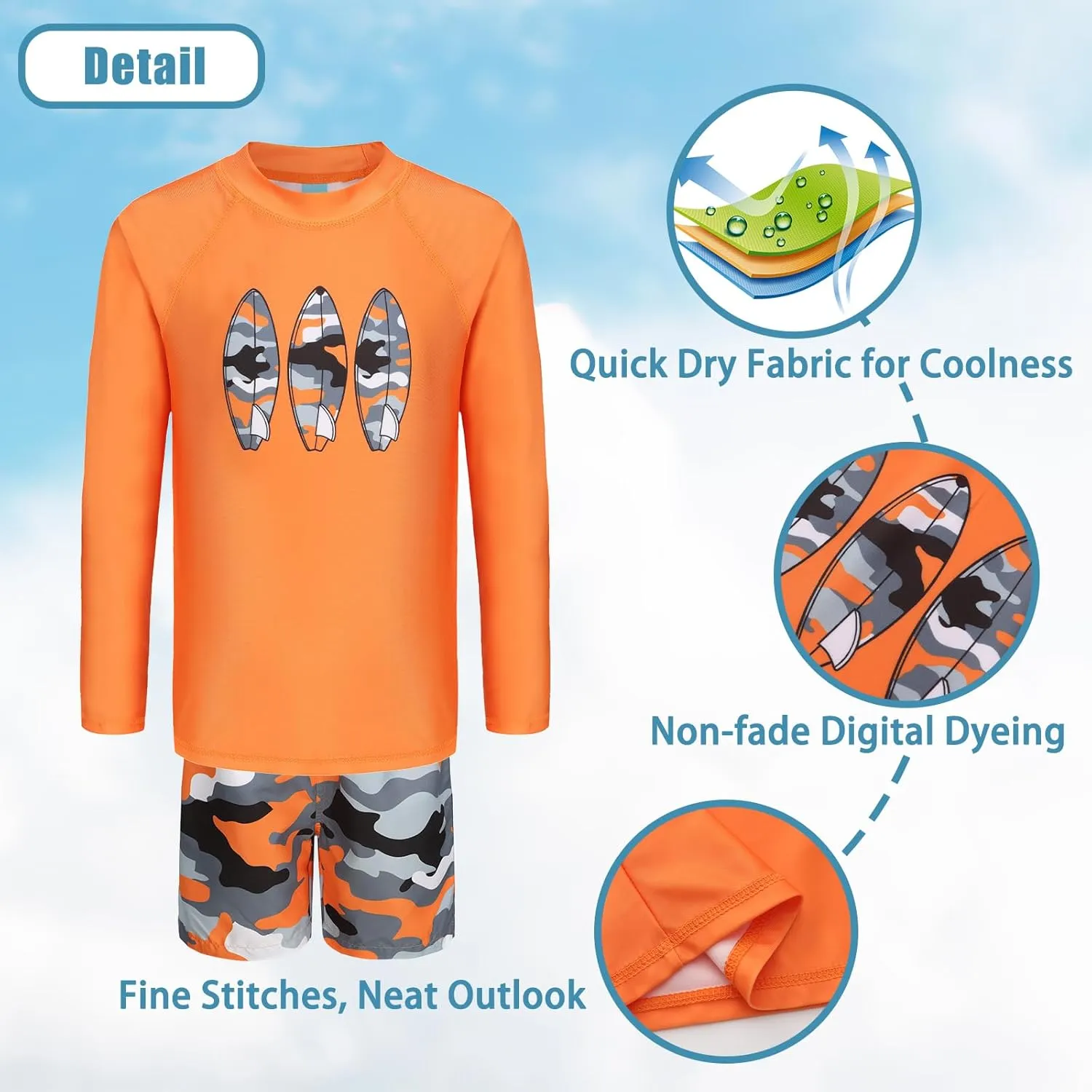 Boys Two Piece Rash guard Swimsuits Set with Swim Trunk Kids Long Sleeve Bathing Suit Swimwear Set