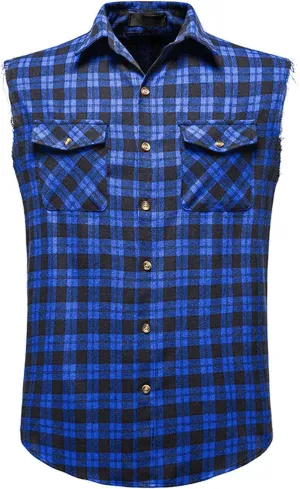 Burband Men's Muscle Cut Off Shirts Slim Fit Button Down Vests Vintage Cowboy Plaid Sleeveless Tops Flannel Shirts