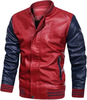 Cambkatl Men's Colorblock Faux Leather Motorcycle Jacket PU Varsity Outerwear Fall Winter Windbreakers Sports Coat