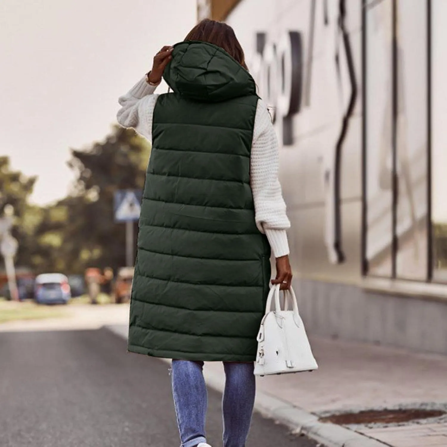 Canbebig Women's Long Quilted Puffer Vest Hooded Sleeveless Zip Up Puffy Jacket Winter Warm Thicken Down Coat Windbreakers