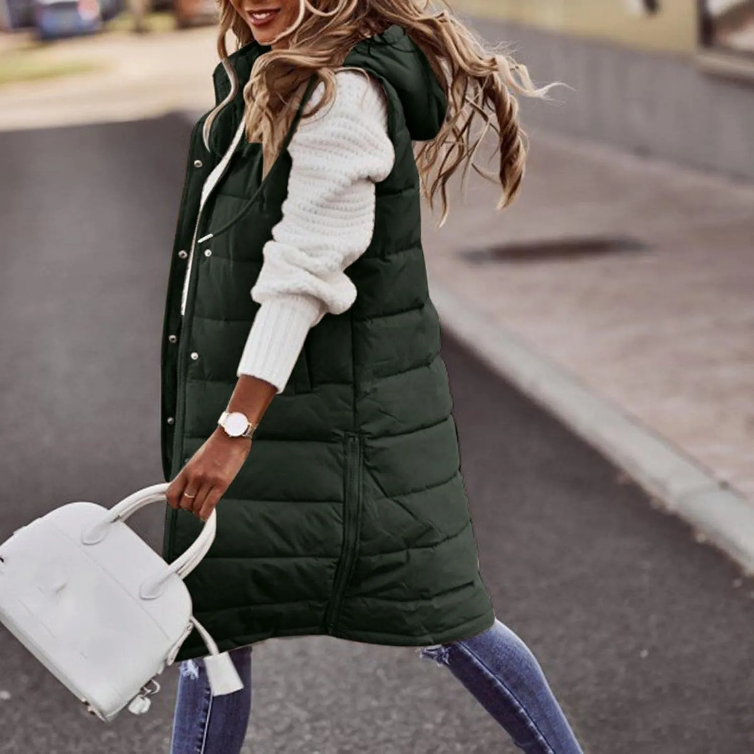 Canbebig Women's Long Quilted Puffer Vest Hooded Sleeveless Zip Up Puffy Jacket Winter Warm Thicken Down Coat Windbreakers