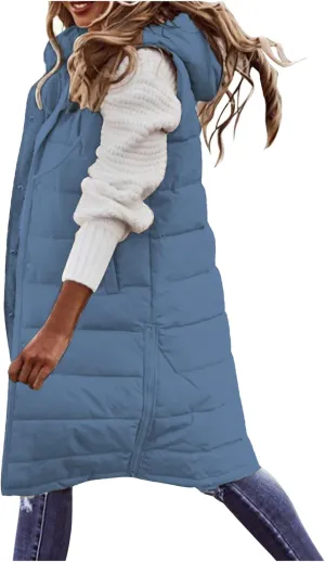 Canbebig Women's Long Quilted Puffer Vest Hooded Sleeveless Zip Up Puffy Jacket Winter Warm Thicken Down Coat Windbreakers