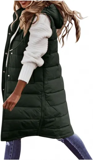Canbebig Women's Long Quilted Puffer Vest Hooded Sleeveless Zip Up Puffy Jacket Winter Warm Thicken Down Coat Windbreakers