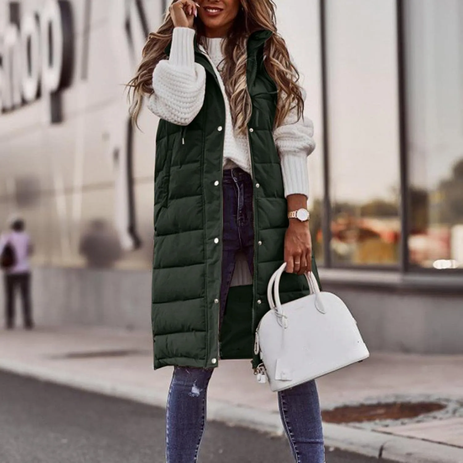 Canbebig Women's Long Quilted Puffer Vest Hooded Sleeveless Zip Up Puffy Jacket Winter Warm Thicken Down Coat Windbreakers