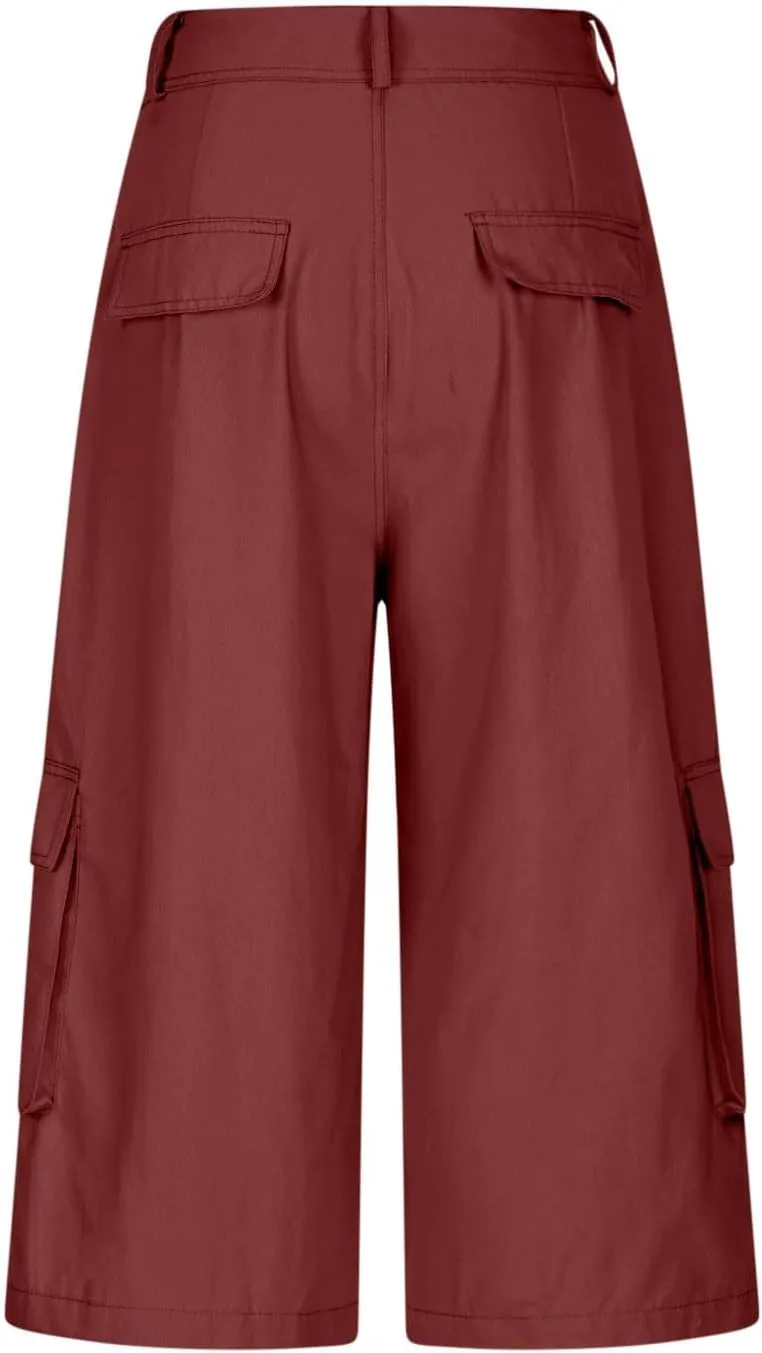 Cargo Capris for Women Stretch Wide Leg Hiking Pants Lightweight Quick Dry Baggy Cargo Pants with Pockets