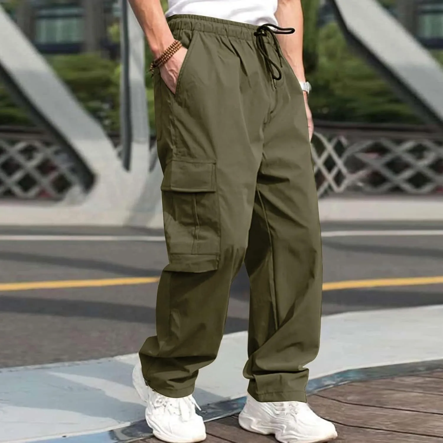 Cargo Pants for Men Relaxed Fit Big and Tall Elastic Waist Sweatpants Lightweight Drawstring Strech Workout Casual Trousers