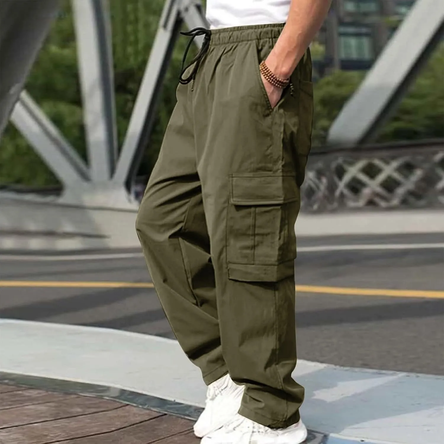 Cargo Pants for Men Relaxed Fit Big and Tall Elastic Waist Sweatpants Lightweight Drawstring Strech Workout Casual Trousers