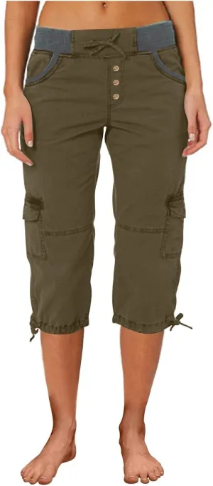 Cargo Pants Women High Waist Drawstring Splice Cropped Trousers Outdoor Workout Summer Sweatpants with Multi Pockets