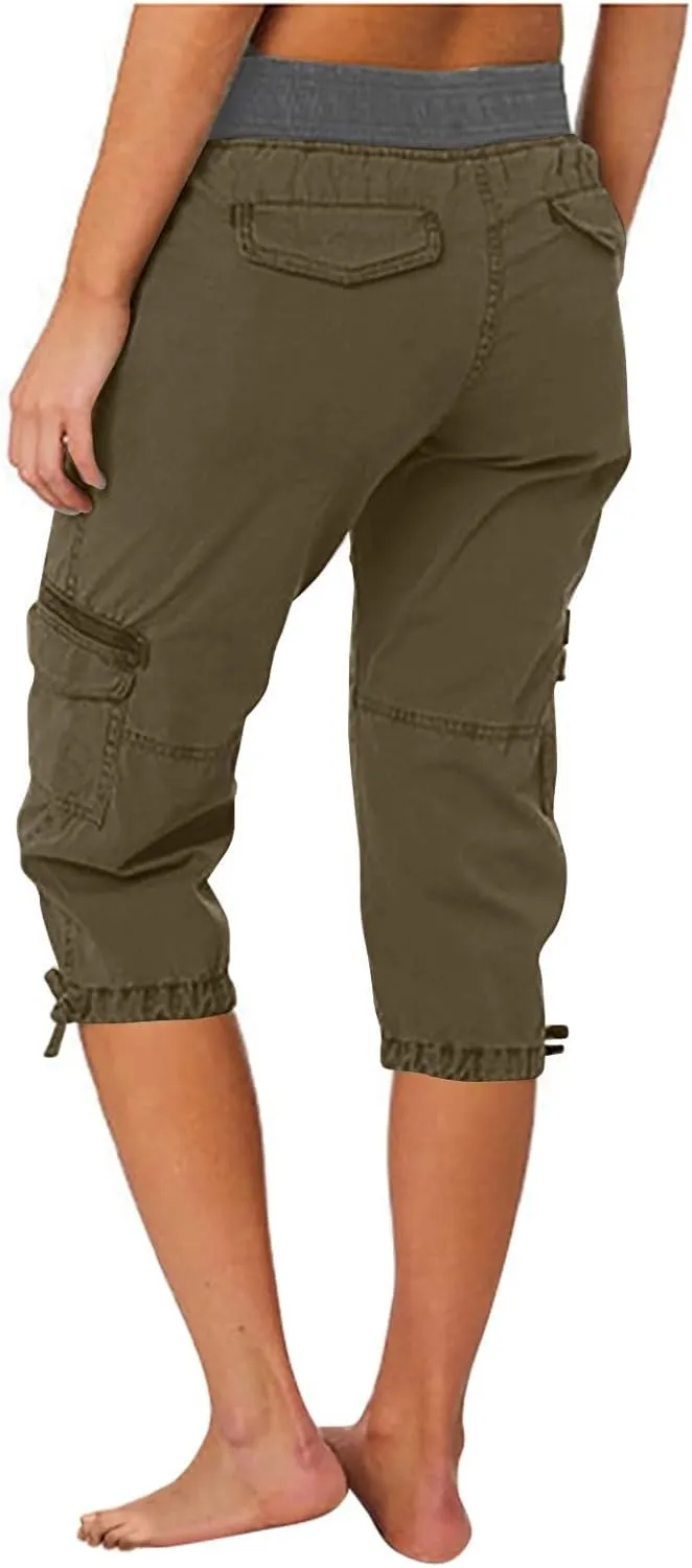 Cargo Pants Women High Waist Drawstring Splice Cropped Trousers Outdoor Workout Summer Sweatpants with Multi Pockets