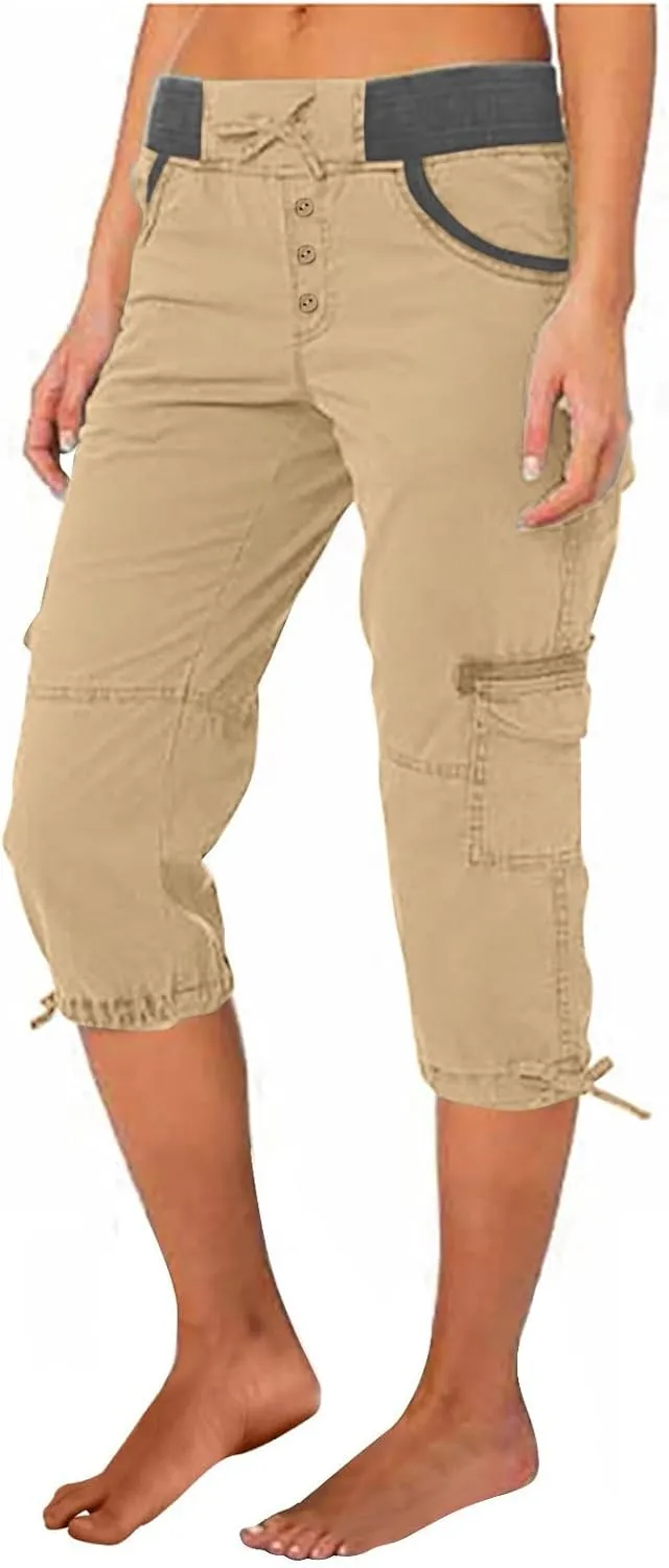 Cargo Pants Women High Waist Drawstring Splice Cropped Trousers Outdoor Workout Summer Sweatpants with Multi Pockets