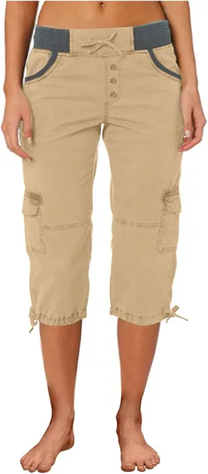Cargo Pants Women High Waist Drawstring Splice Cropped Trousers Outdoor Workout Summer Sweatpants with Multi Pockets