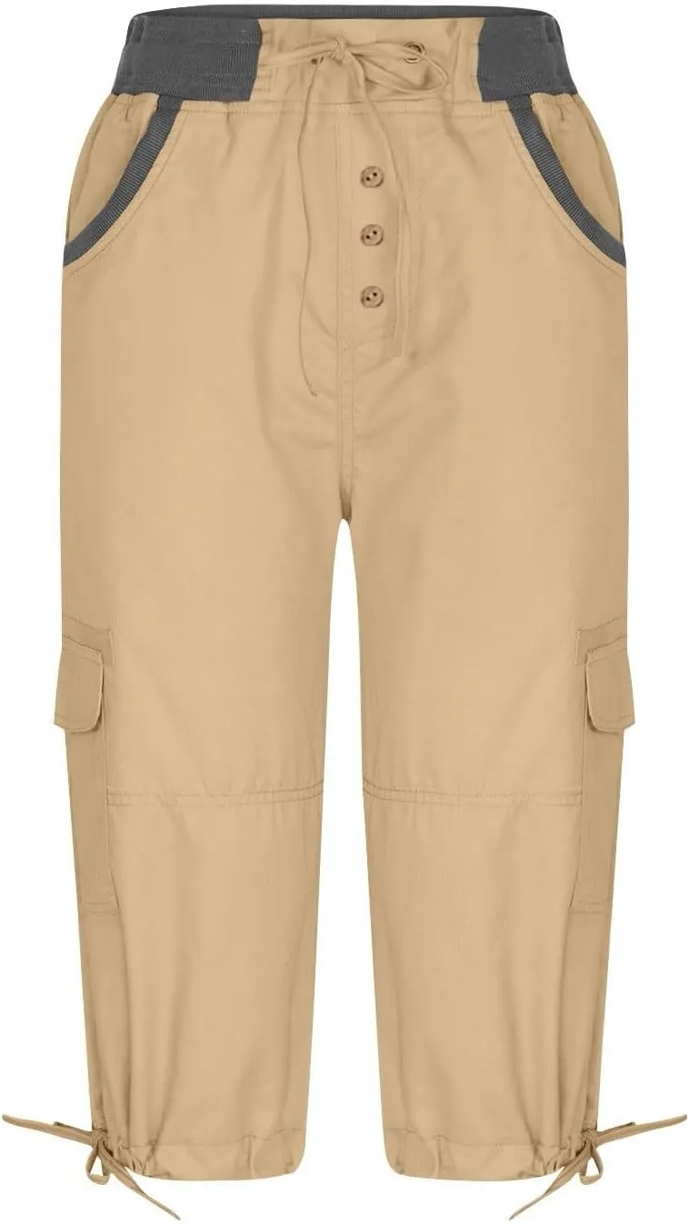 Cargo Pants Women High Waist Drawstring Splice Cropped Trousers Outdoor Workout Summer Sweatpants with Multi Pockets