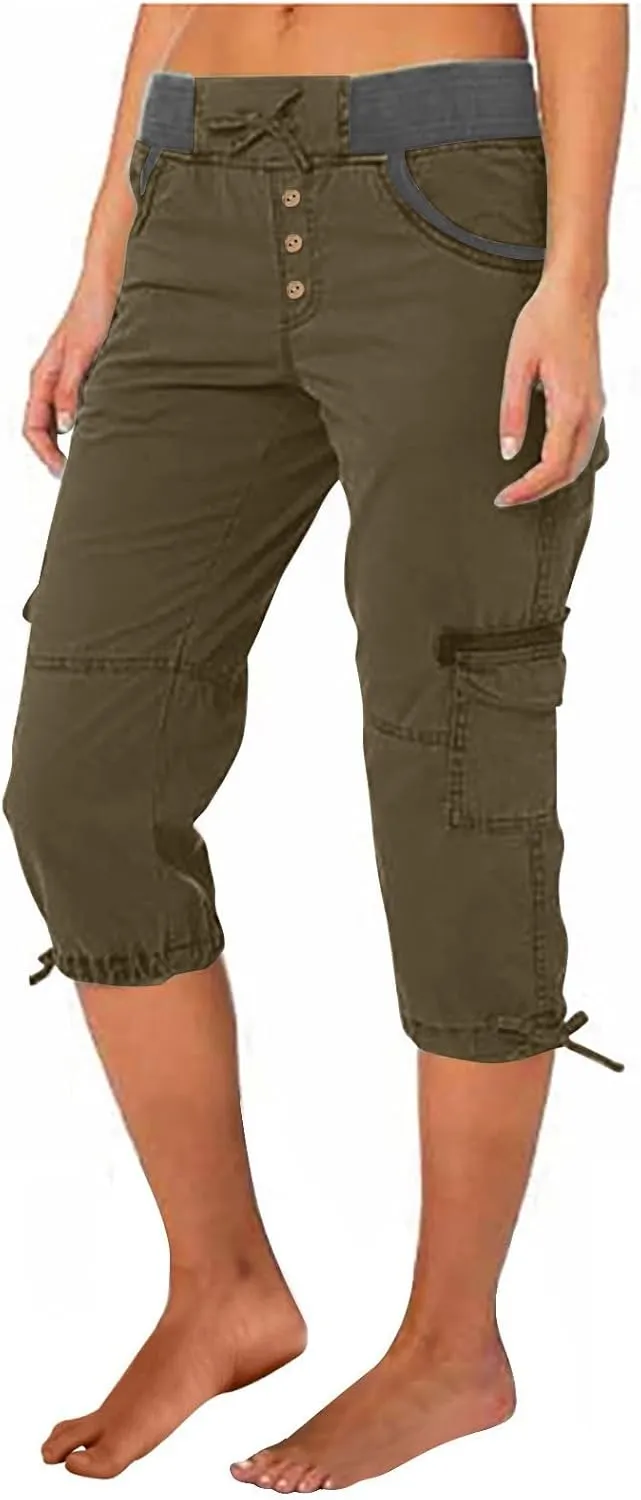 Cargo Pants Women High Waist Drawstring Splice Cropped Trousers Outdoor Workout Summer Sweatpants with Multi Pockets