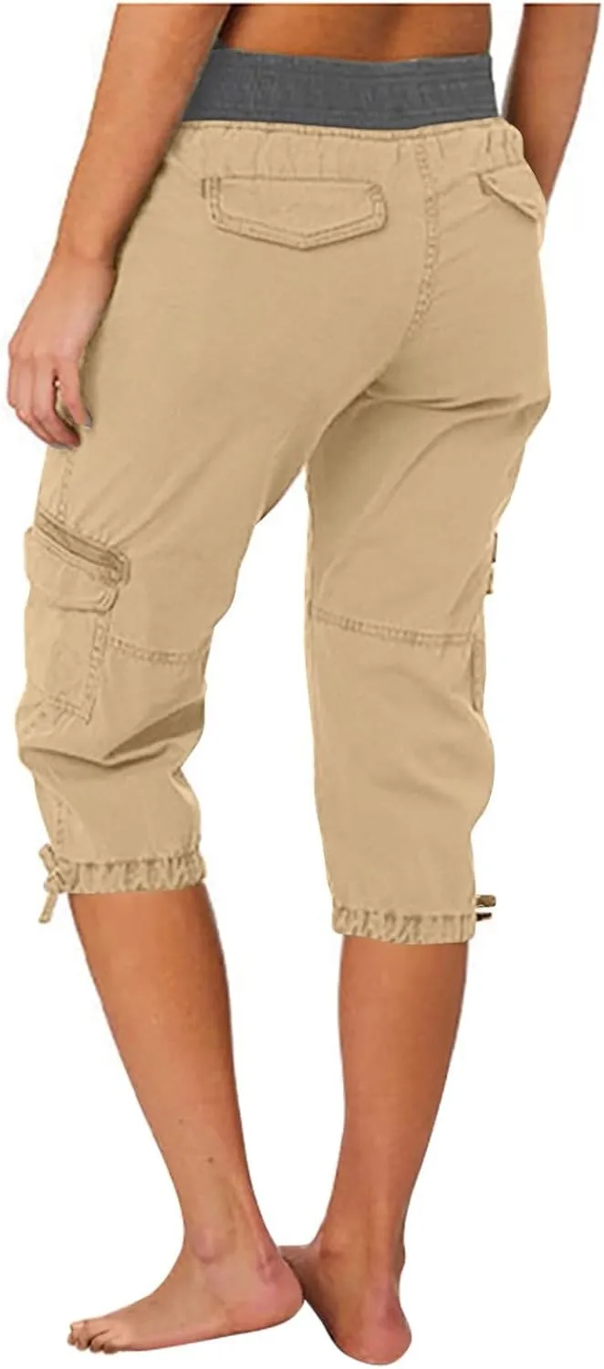 Cargo Pants Women High Waist Drawstring Splice Cropped Trousers Outdoor Workout Summer Sweatpants with Multi Pockets