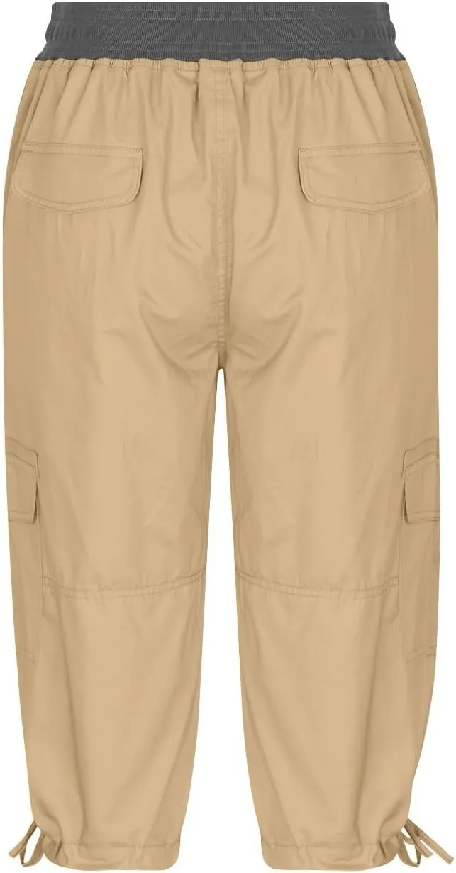 Cargo Pants Women High Waist Drawstring Splice Cropped Trousers Outdoor Workout Summer Sweatpants with Multi Pockets