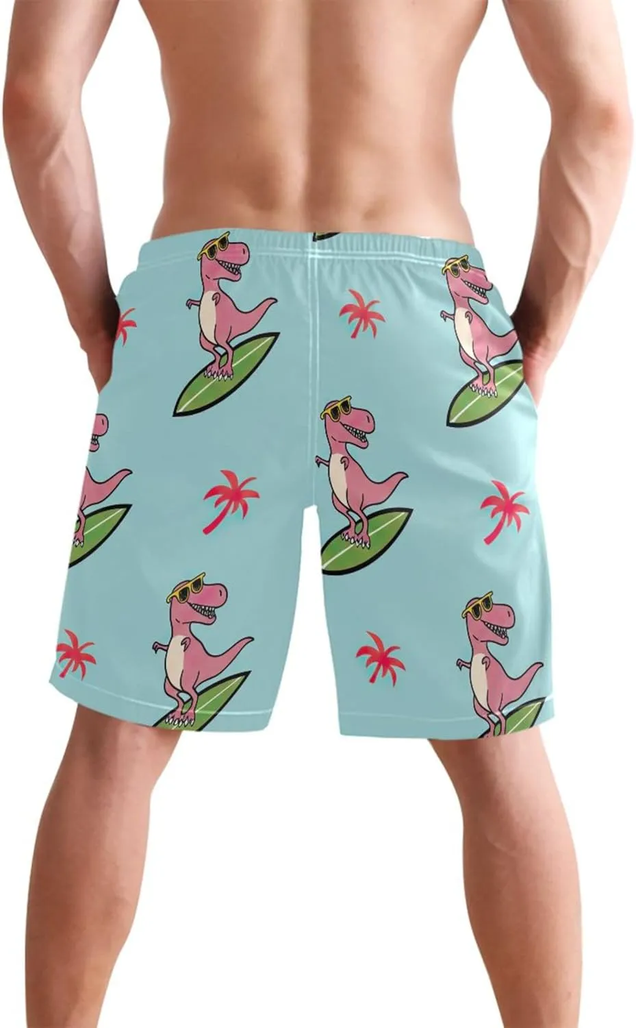 Cartoonish Rex Surfboard Teal Mens Swim Trunks Funny Quick Dry Bathing Suit Surf Mens Swimming Shorts S