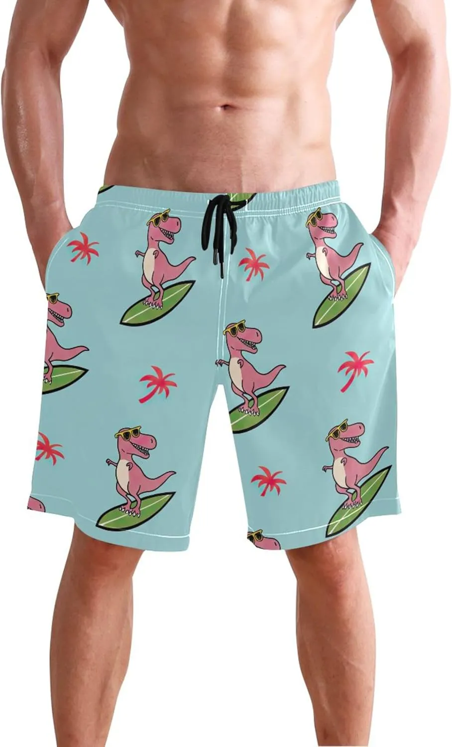Cartoonish Rex Surfboard Teal Mens Swim Trunks Funny Quick Dry Bathing Suit Surf Mens Swimming Shorts S