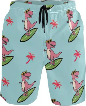 Cartoonish Rex Surfboard Teal Mens Swim Trunks Funny Quick Dry Bathing Suit Surf Mens Swimming Shorts S