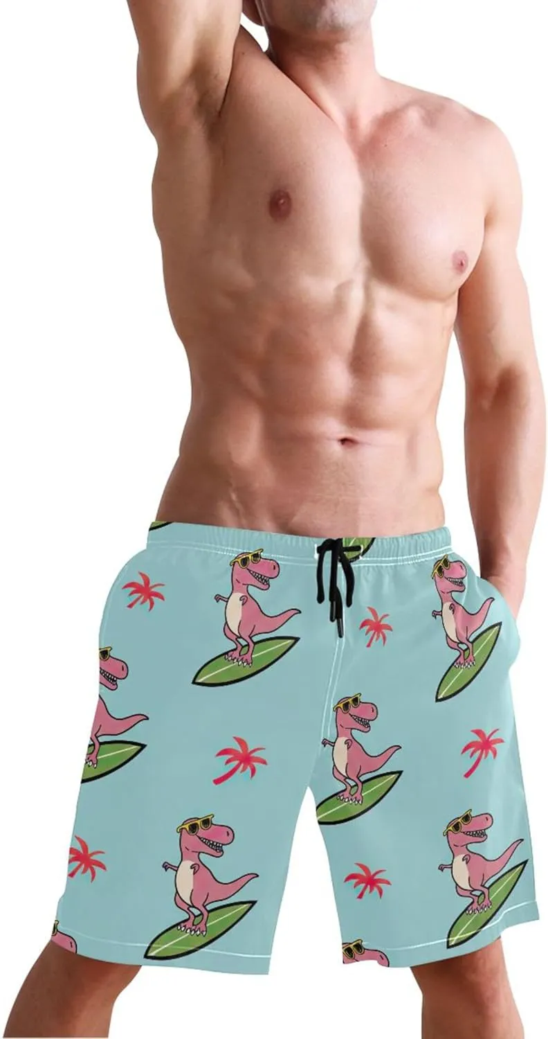 Cartoonish Rex Surfboard Teal Mens Swim Trunks Funny Quick Dry Bathing Suit Surf Mens Swimming Shorts S