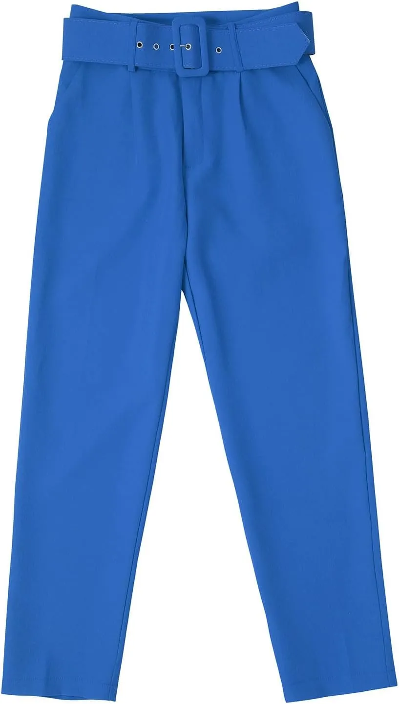 Casual Belted Dress Pants for Women Slim Fit Office Work Pencil Pants High Waisted Straight Leg Pull-On Trousers with Pockets