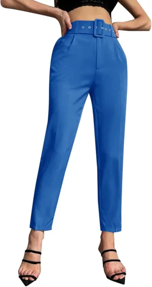 Casual Belted Dress Pants for Women Slim Fit Office Work Pencil Pants High Waisted Straight Leg Pull-On Trousers with Pockets