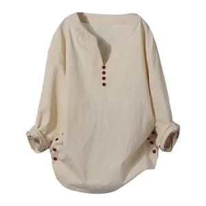Casual Linen Blouses for Women Lightweight V Neck Roll-Up Sleeve Henley Shirts Cotton Tunics Side Slit Button Decorated Tops