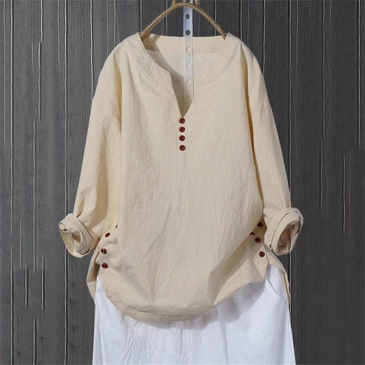 Casual Linen Blouses for Women Lightweight V Neck Roll-Up Sleeve Henley Shirts Cotton Tunics Side Slit Button Decorated Tops