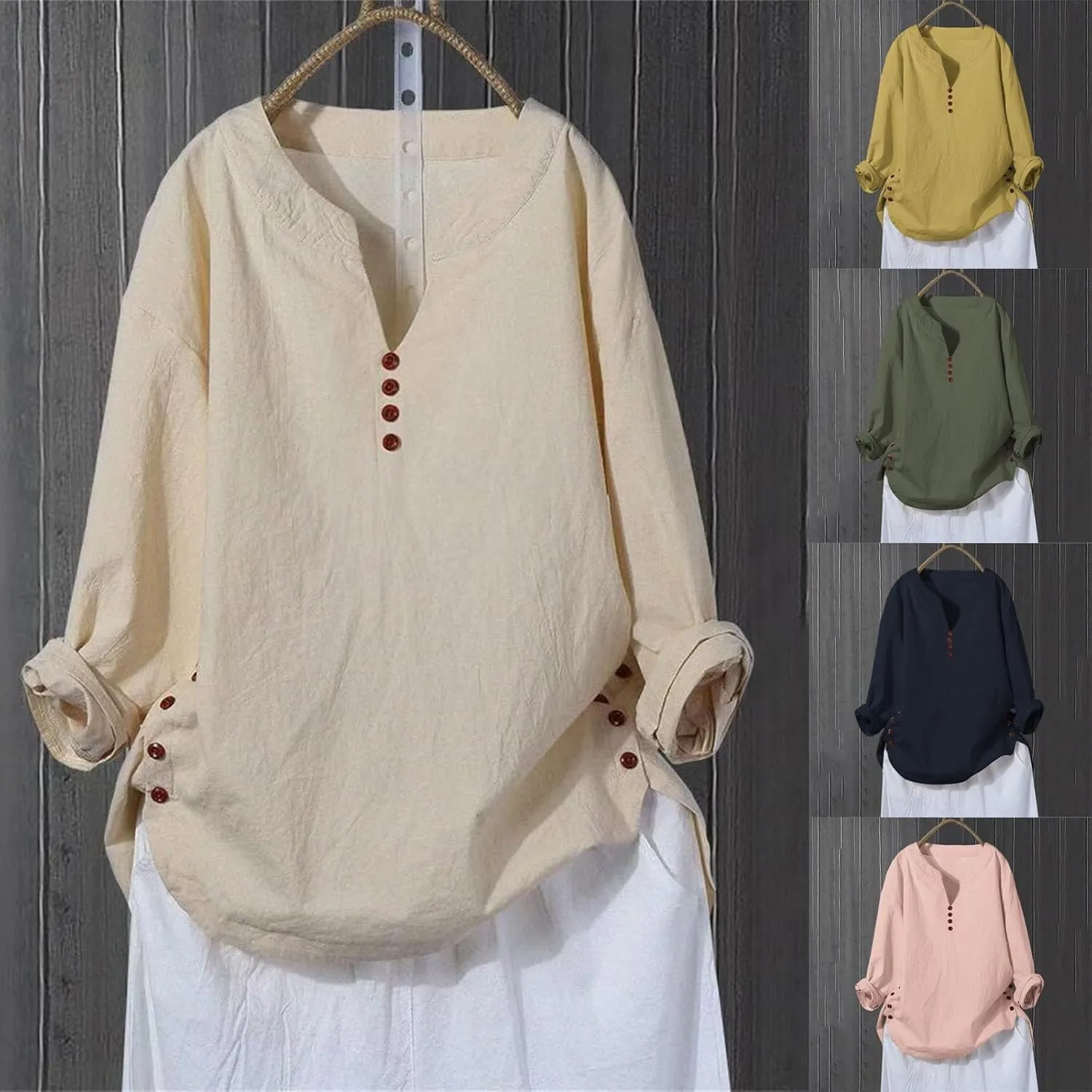 Casual Linen Blouses for Women Lightweight V Neck Roll-Up Sleeve Henley Shirts Cotton Tunics Side Slit Button Decorated Tops