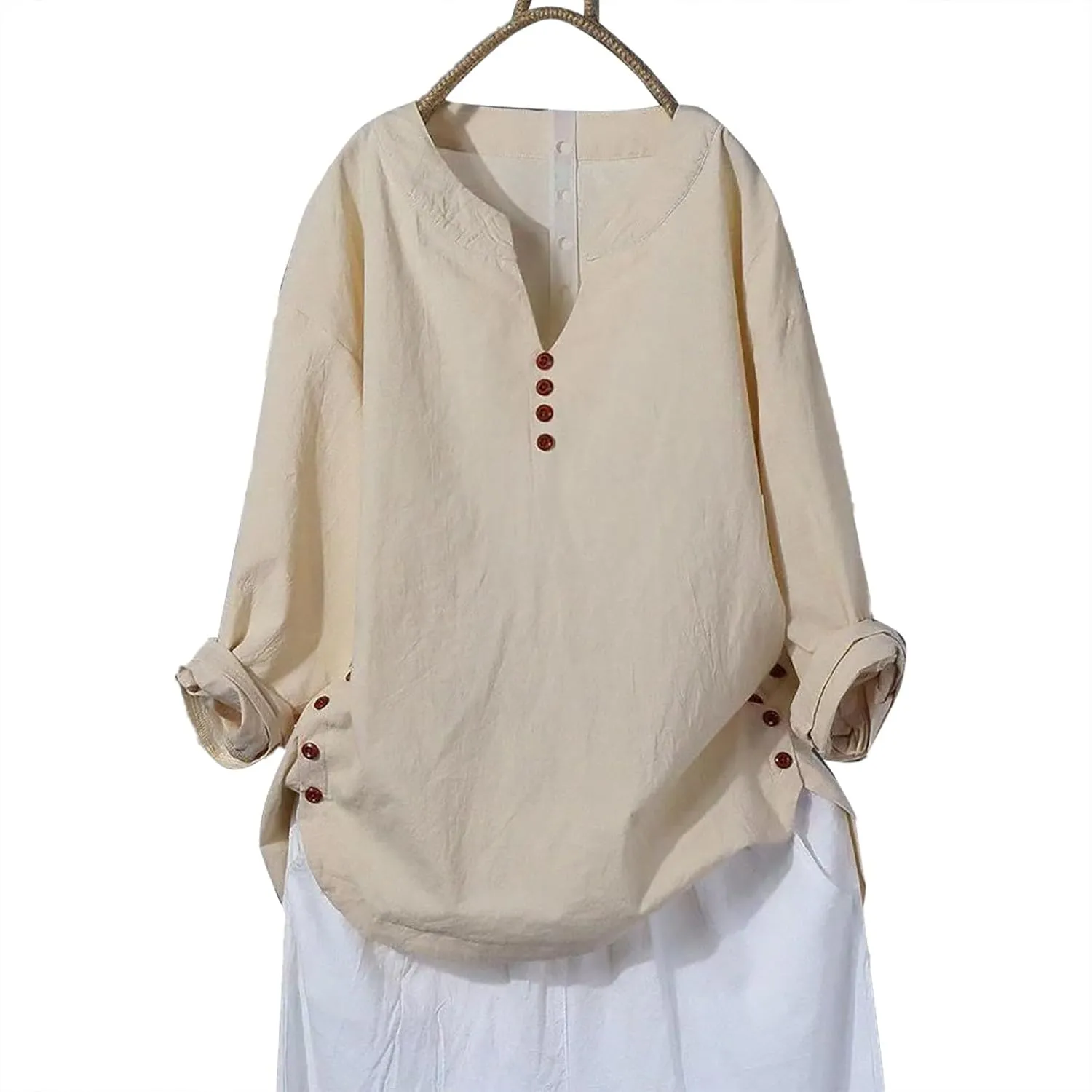 Casual Linen Blouses for Women Lightweight V Neck Roll-Up Sleeve Henley Shirts Cotton Tunics Side Slit Button Decorated Tops