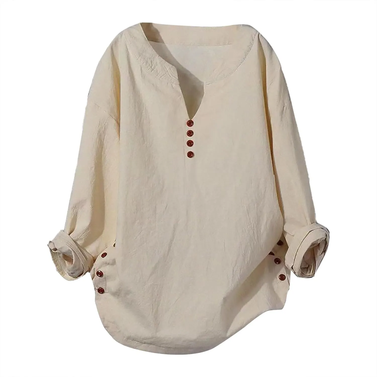 Casual Linen Blouses for Women Lightweight V Neck Roll-Up Sleeve Henley Shirts Cotton Tunics Side Slit Button Decorated Tops