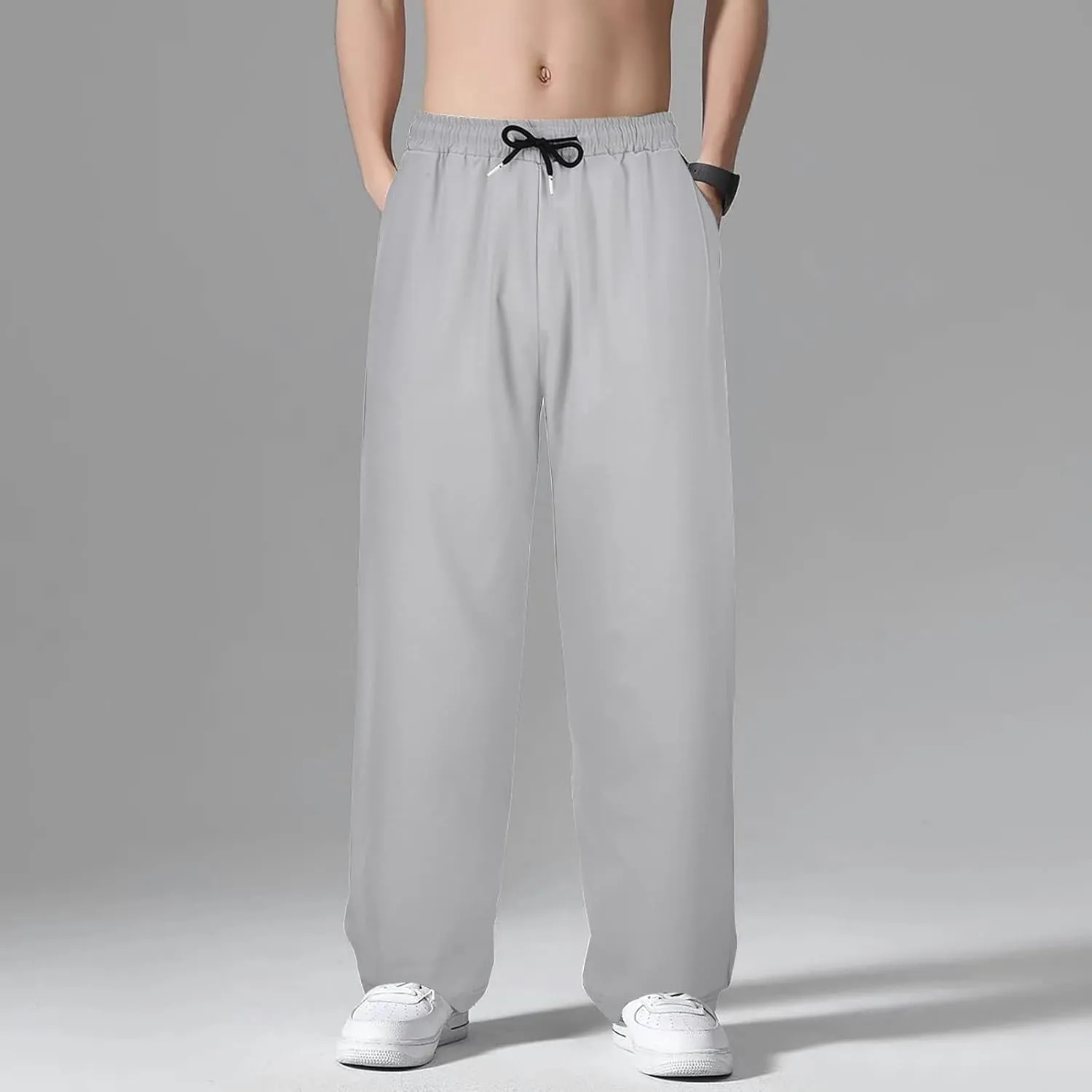 Casual Pants for Men Solid Drawstring Loose Fit Lightweight Straight Leg Pants Summer Comfort Workout Trousers