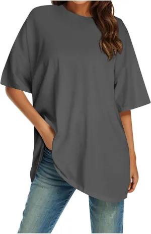 Casual T Shirts for Women Oversized Solid Short Sleeve Tees Plus Size Crew Neck Drop Shoulder Summer Basic Daily Tops