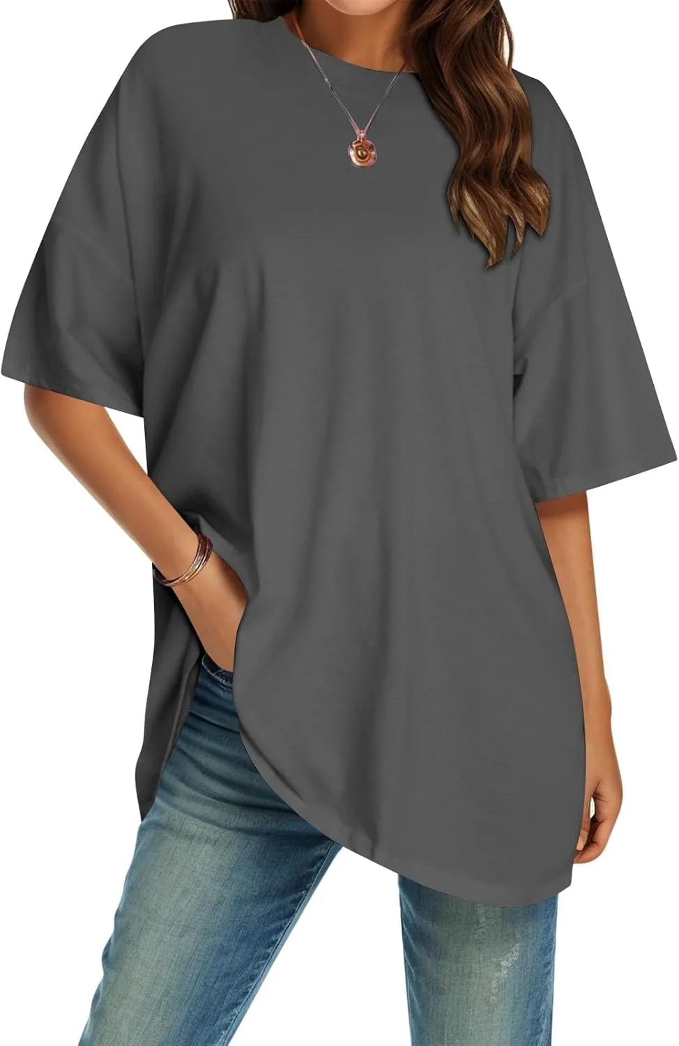 Casual T Shirts for Women Oversized Solid Short Sleeve Tees Plus Size Crew Neck Drop Shoulder Summer Basic Daily Tops