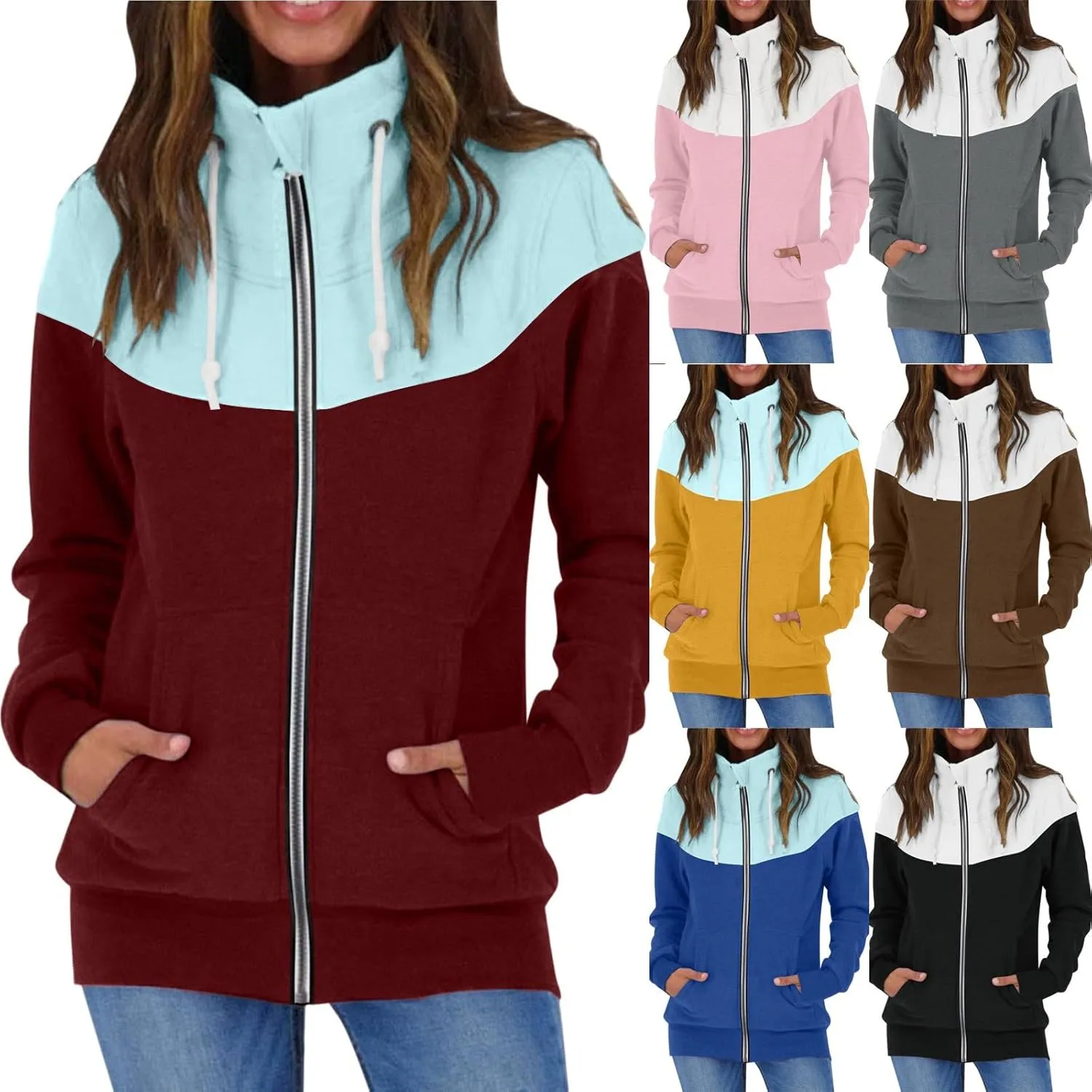 Casual Zip Up Hoodies for Women Patchwork Stand Collar Long Sleeve Sweatshirts Novelty Color Block Loose Fall Jackets