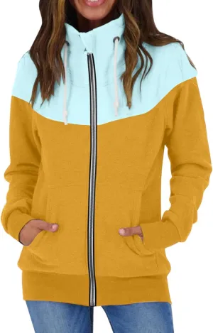 Casual Zip Up Hoodies for Women Patchwork Stand Collar Long Sleeve Sweatshirts Novelty Color Block Loose Fall Jackets