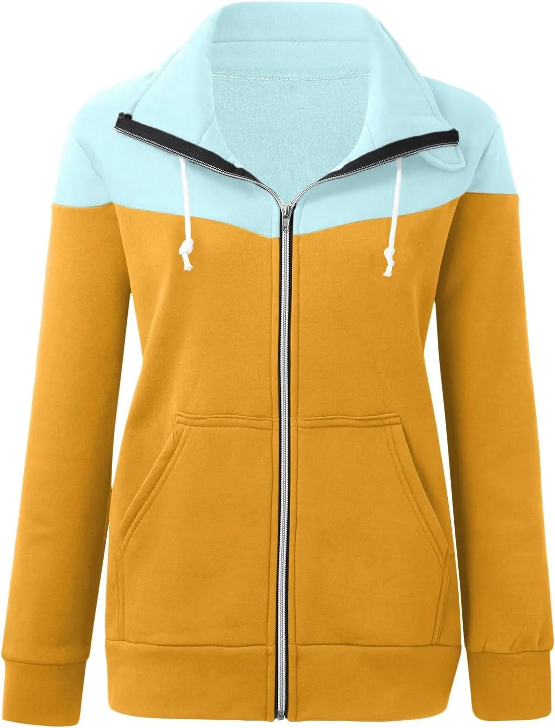 Casual Zip Up Hoodies for Women Patchwork Stand Collar Long Sleeve Sweatshirts Novelty Color Block Loose Fall Jackets