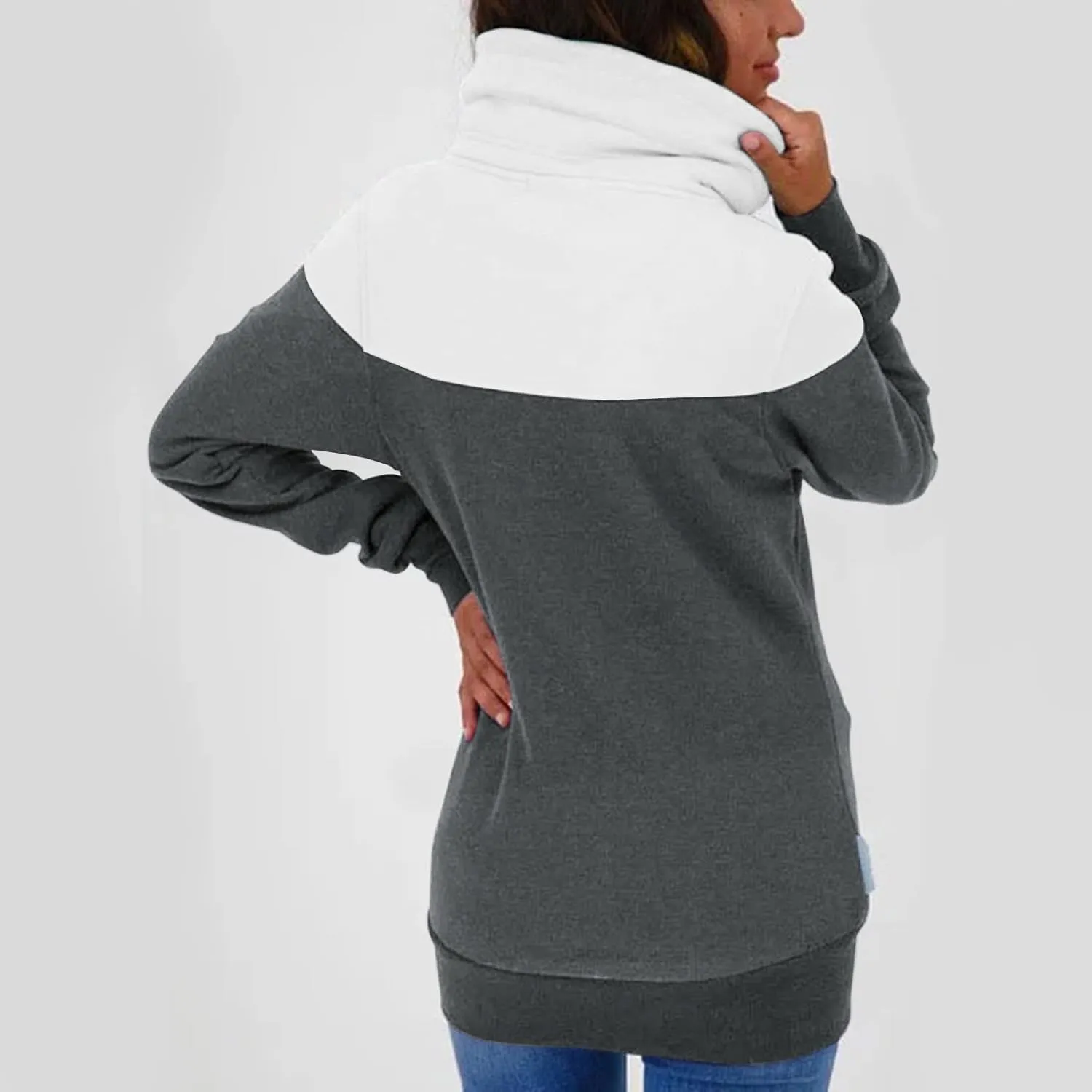 Casual Zip Up Hoodies for Women Patchwork Stand Collar Long Sleeve Sweatshirts Novelty Color Block Loose Fall Jackets