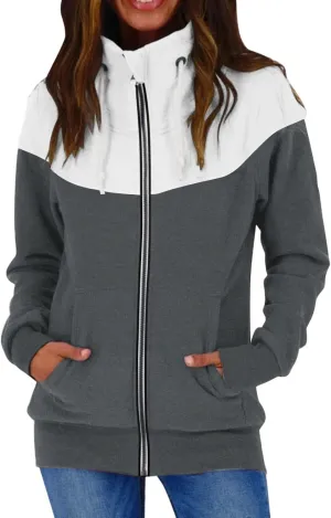 Casual Zip Up Hoodies for Women Patchwork Stand Collar Long Sleeve Sweatshirts Novelty Color Block Loose Fall Jackets