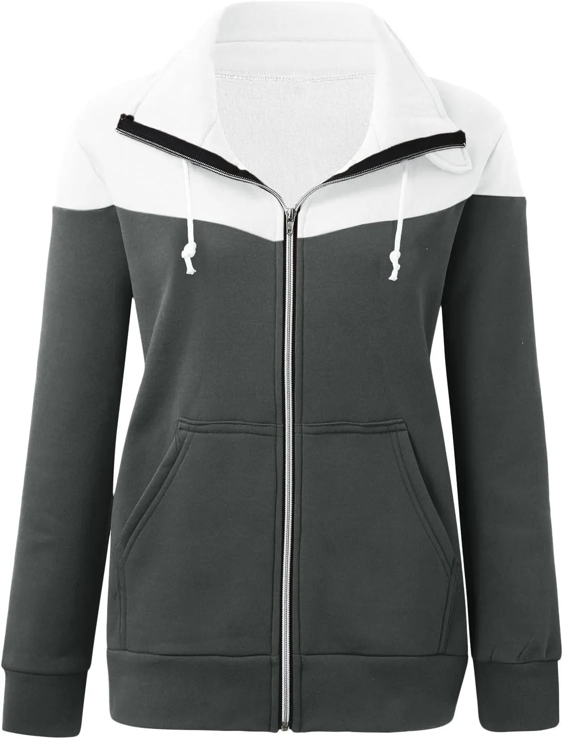 Casual Zip Up Hoodies for Women Patchwork Stand Collar Long Sleeve Sweatshirts Novelty Color Block Loose Fall Jackets