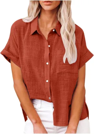 Ceboyel Women 2024 Causal Summer Blouses Button Down Short Sleeve Shirts Gauze Cotton Linen Tops Vacation Trendy Outfits