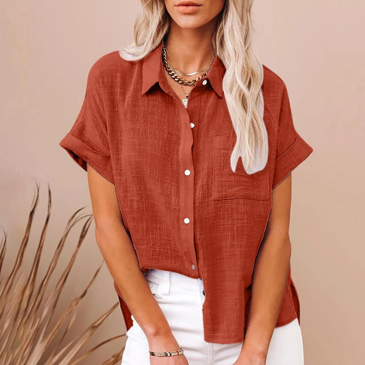 Ceboyel Women 2024 Causal Summer Blouses Button Down Short Sleeve Shirts Gauze Cotton Linen Tops Vacation Trendy Outfits