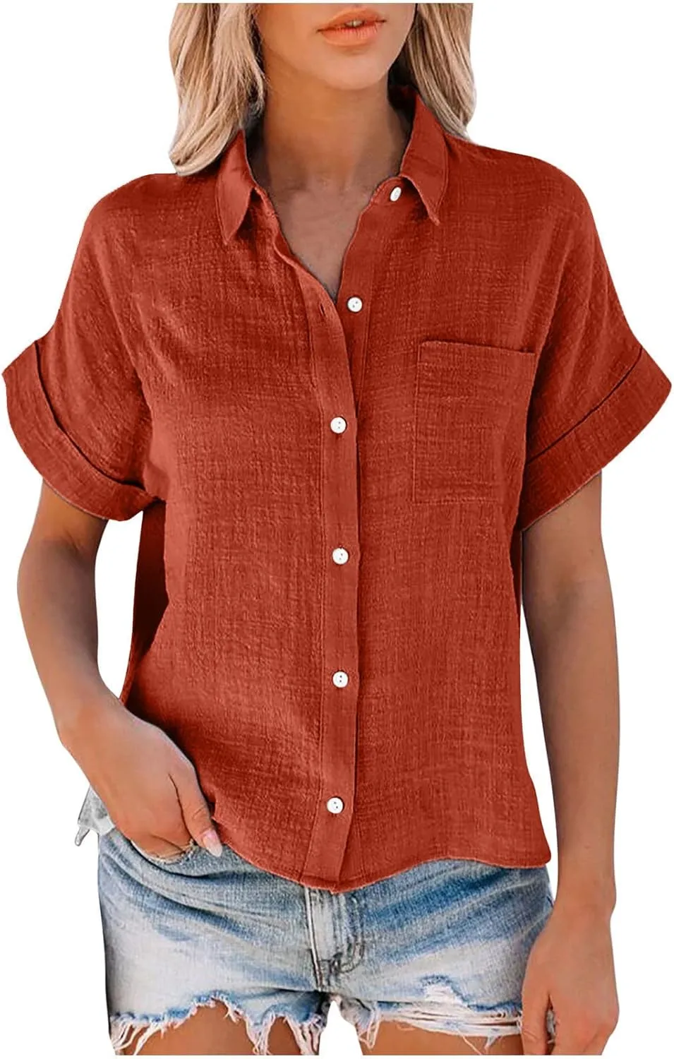 Ceboyel Women 2024 Causal Summer Blouses Button Down Short Sleeve Shirts Gauze Cotton Linen Tops Vacation Trendy Outfits